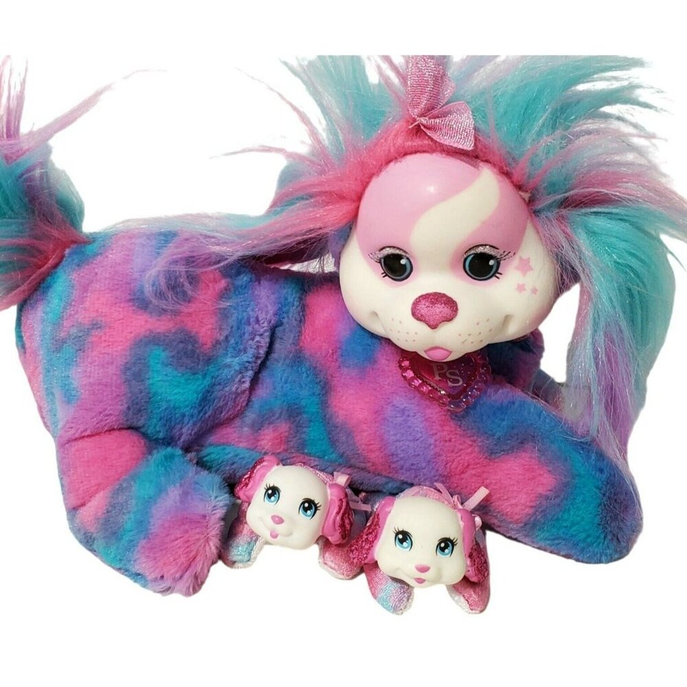 Puppy Surprise Dog + 2 Puppies Plush Stuffed Animal Pink Blue Purple Fur Glitter
